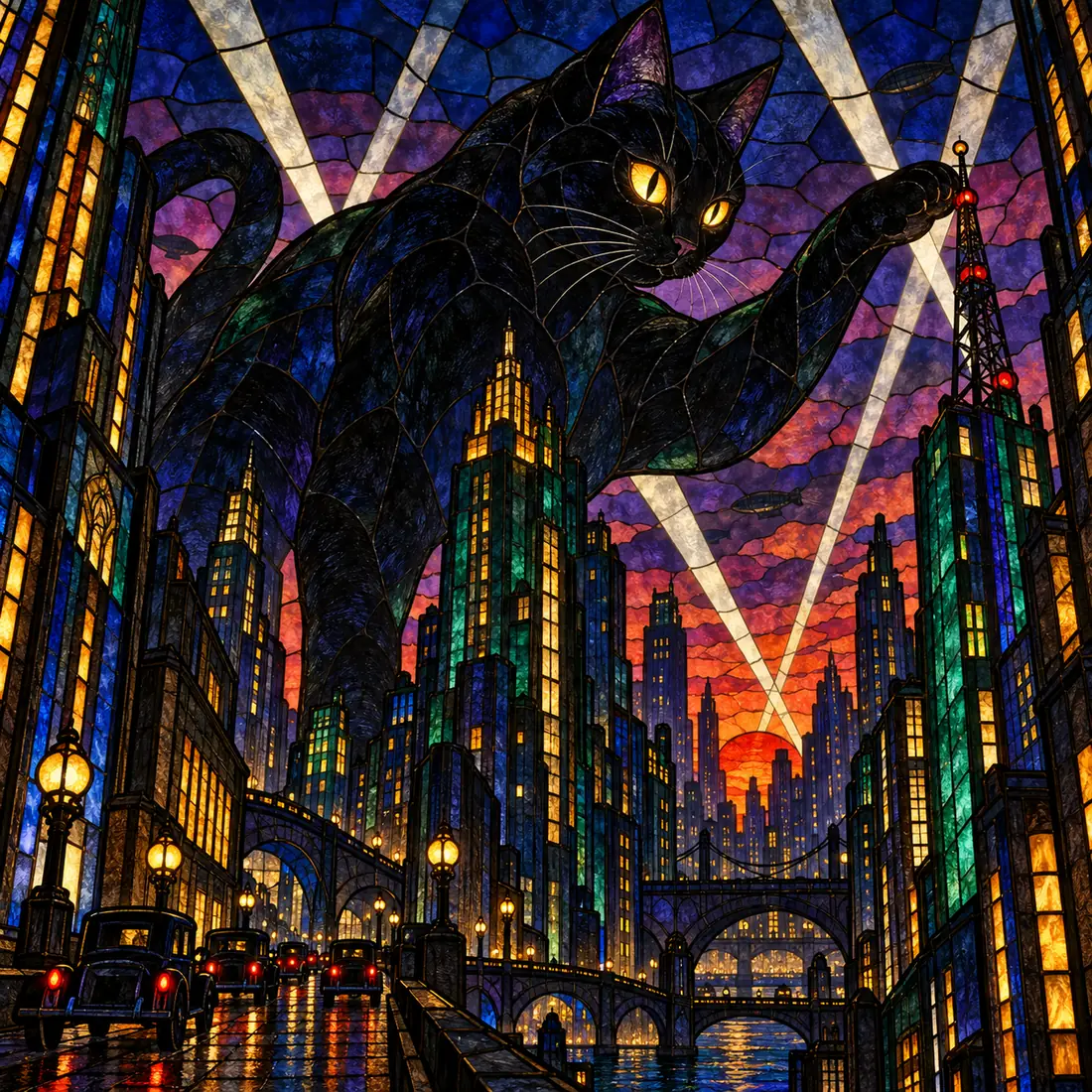A giant black cat and a city as a jewel-toned stained glass window