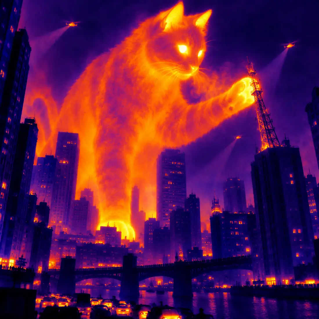 A giant black cat seen through a thermal camera, glowing over the city