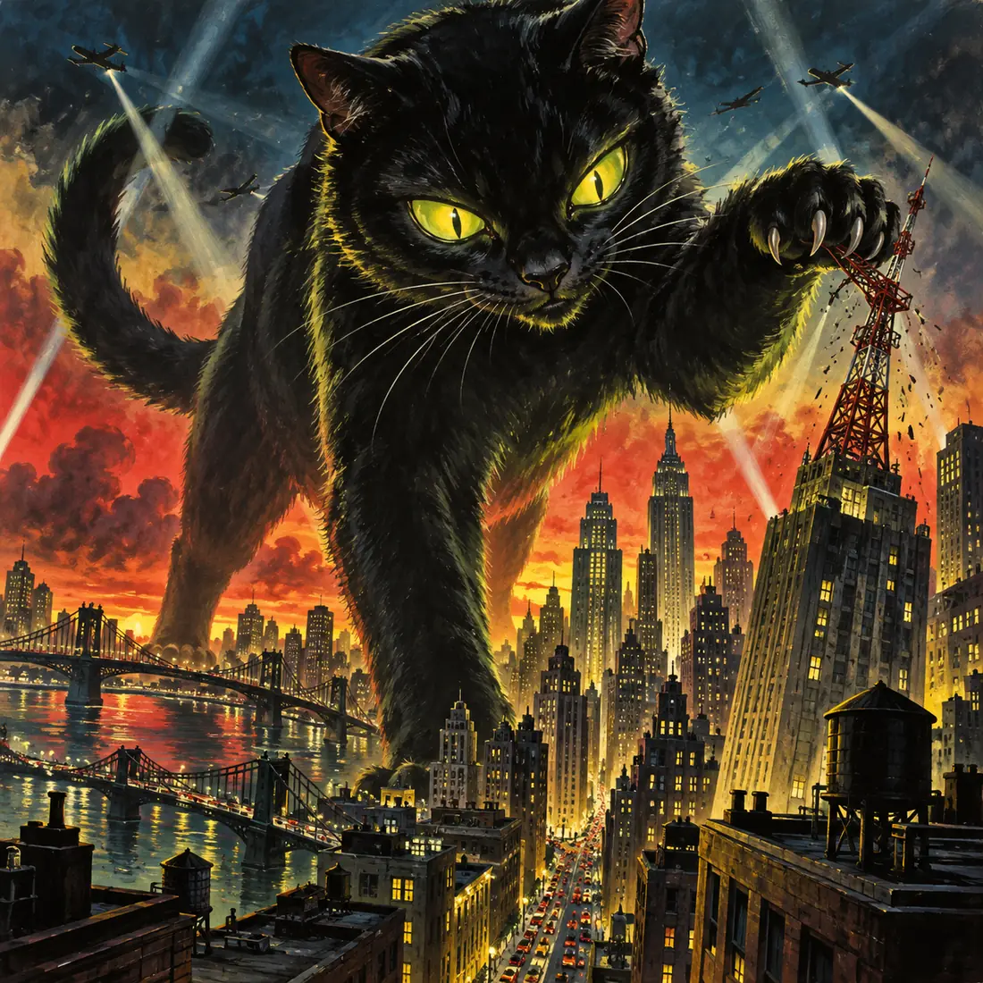A giant black cat attacks a city in a painted fifties sci-fi movie poster