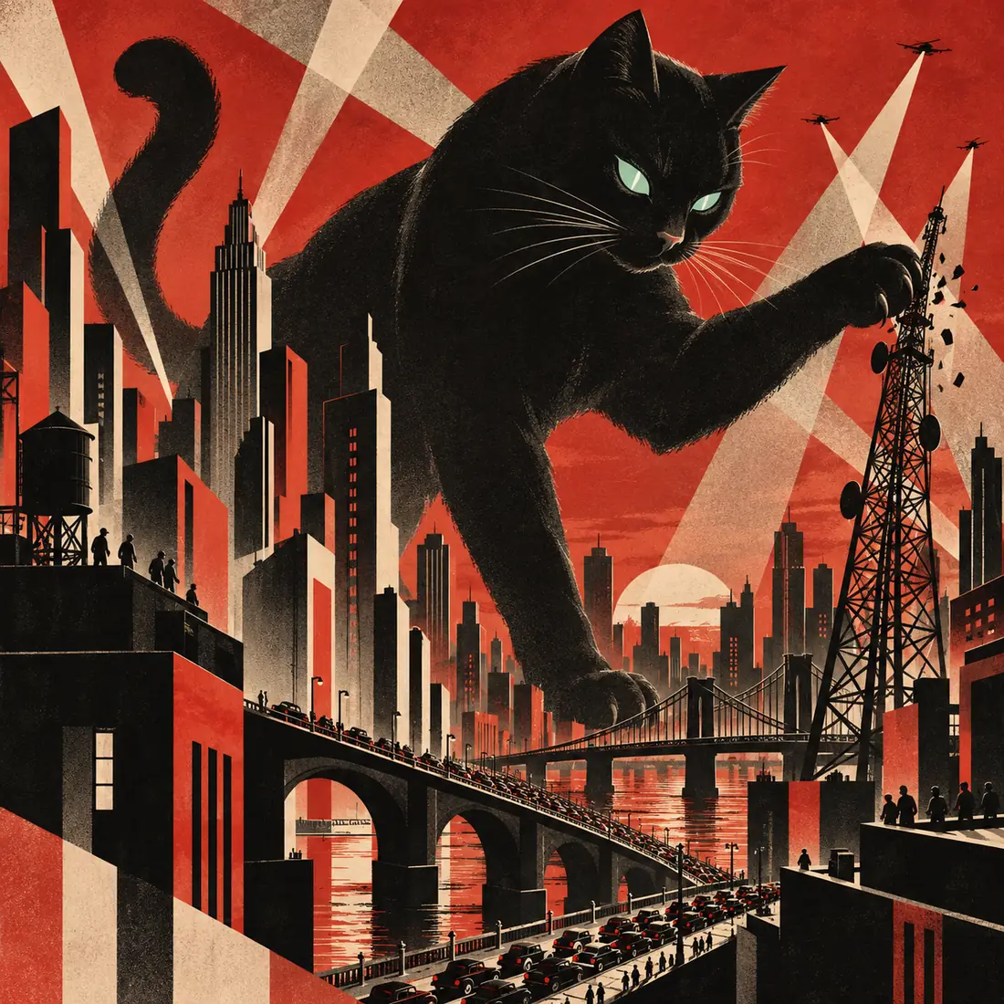 A giant black cat in a Soviet constructivist film poster