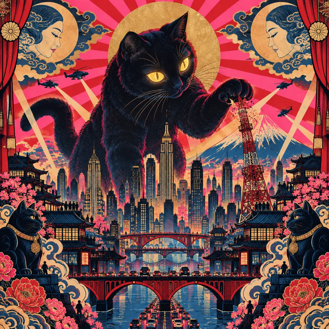 A giant black cat over a city in a psychedelic Japanese pop poster