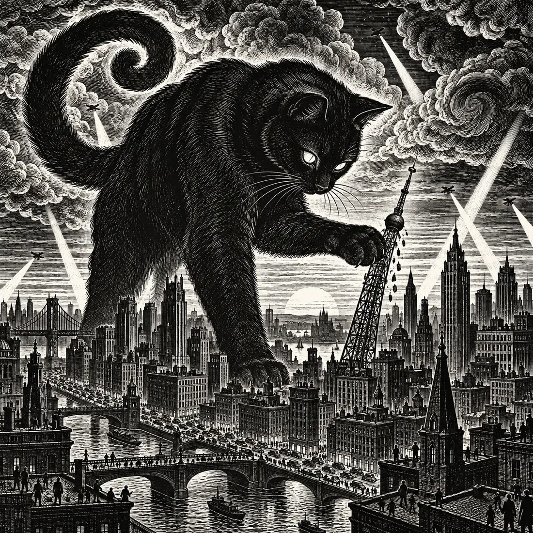 A giant black cat over a city as an old apocalypse woodcut